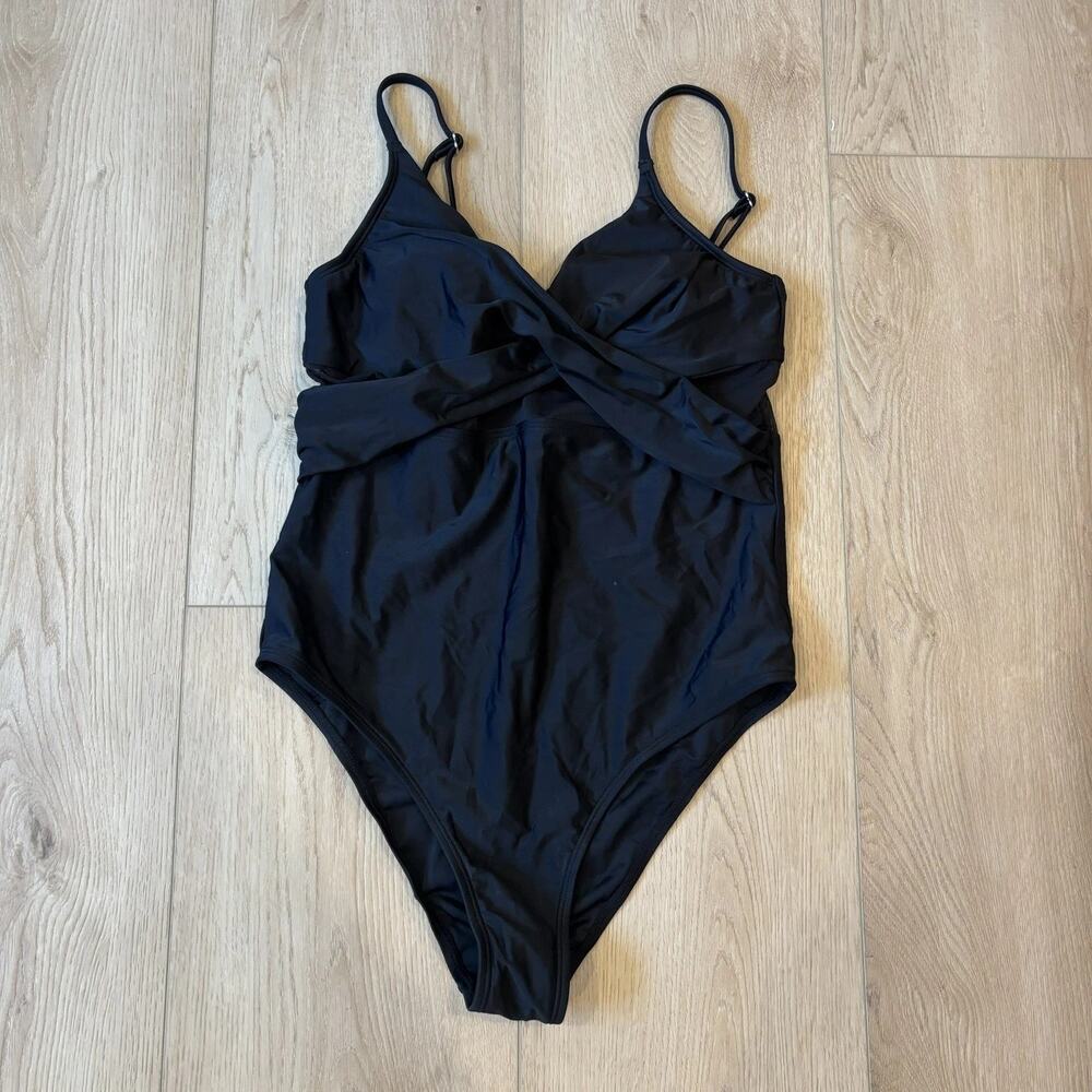Cupshe Swimsuit Crossover Mesh Cutout Wrap Front One-Piece Black Bathing Suit